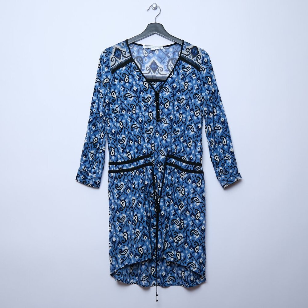 Veronica Beard Venice 100% Silk Mini Dress Blue Ikat Paisley XS boho euro summer